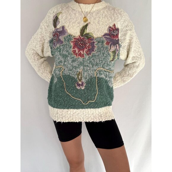 80s vintage floral embroidered applique fairy grandma long sleeved knit sweater - Picture 2 of 9